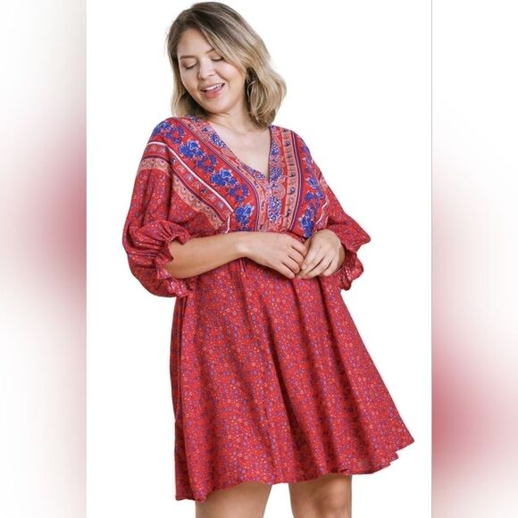Umgee Mixed Print Bohemian Mini Dress Size Small - Picture 1 of 8
